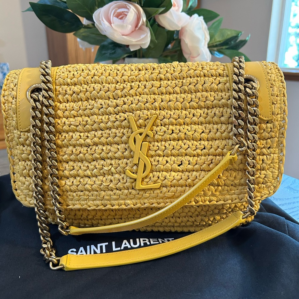Saint Laurent Niki raffia logo-plaque shoulder bag